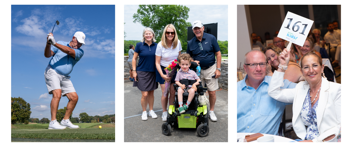 Collage of Geno swinging his golf club, Geno with a patient, and bidders at the dinner auction