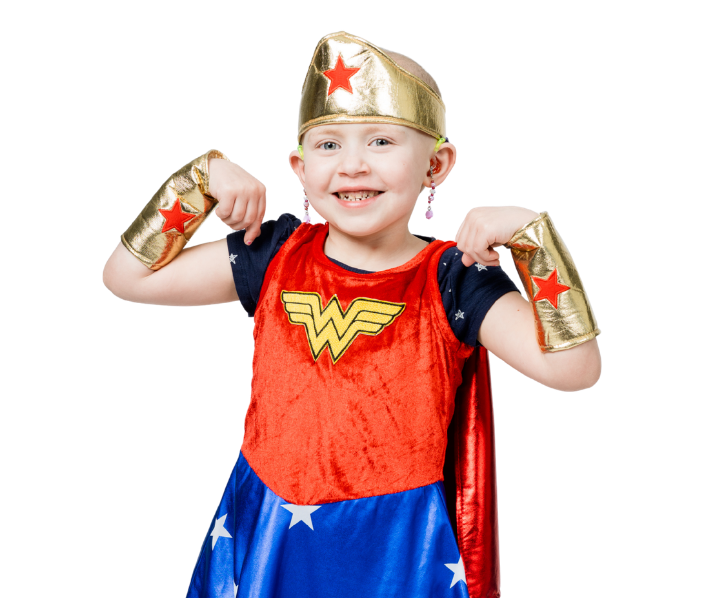Anastasia is dressed like Wonder Woman and is posed like a superhero.