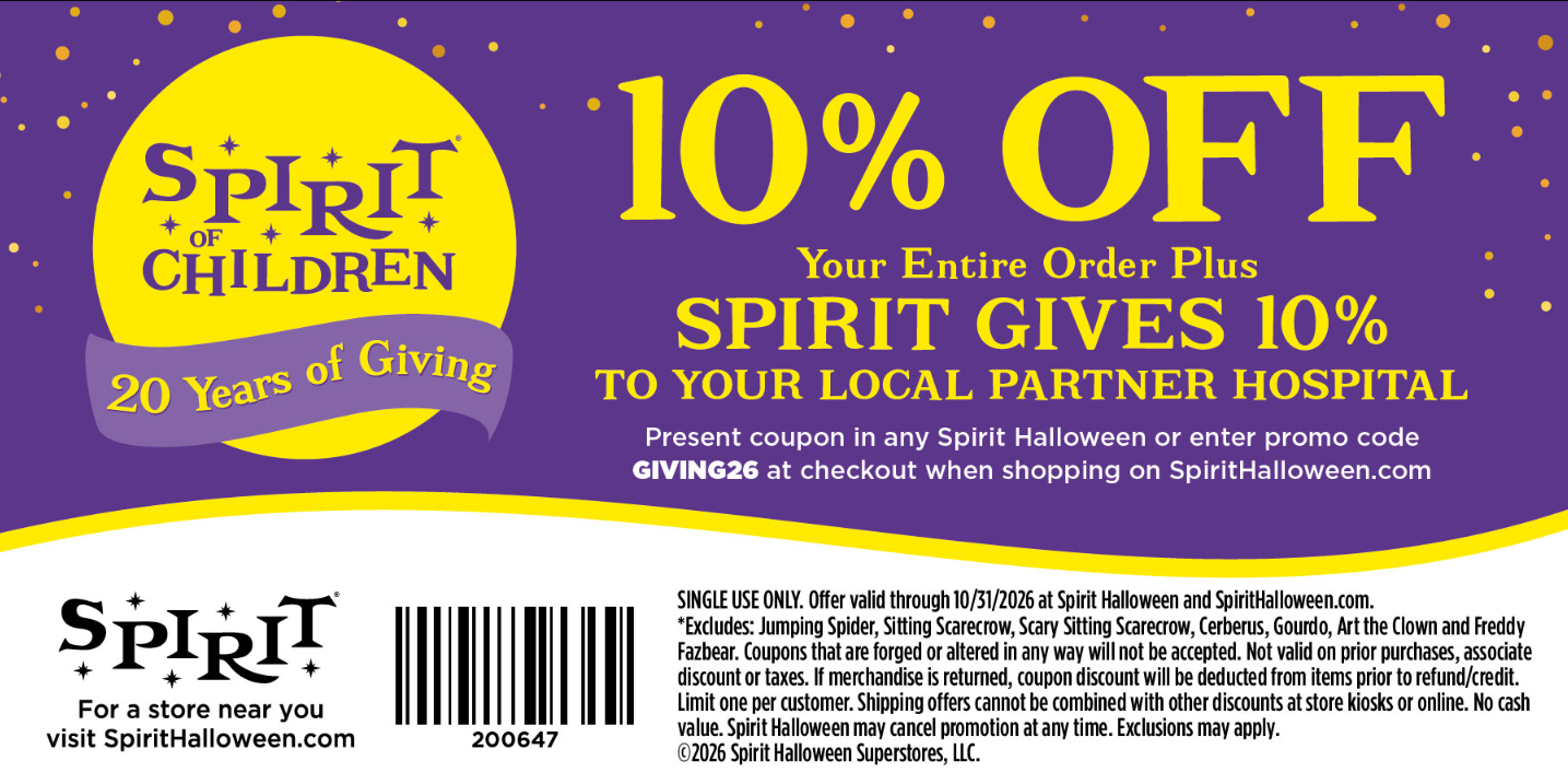 Get 10% off your entire order at Spirit of Halloween