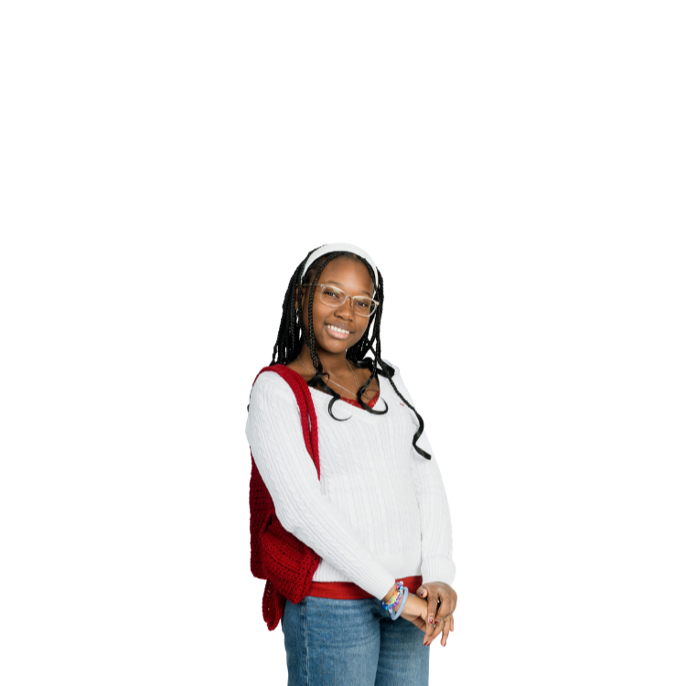 Zendaya smiling with her knit purse